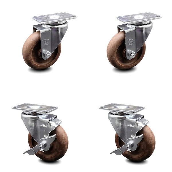 4 Inch High Temp Glass Filled Nylon Swivel Top Plate Caster Set with 2 Brakes